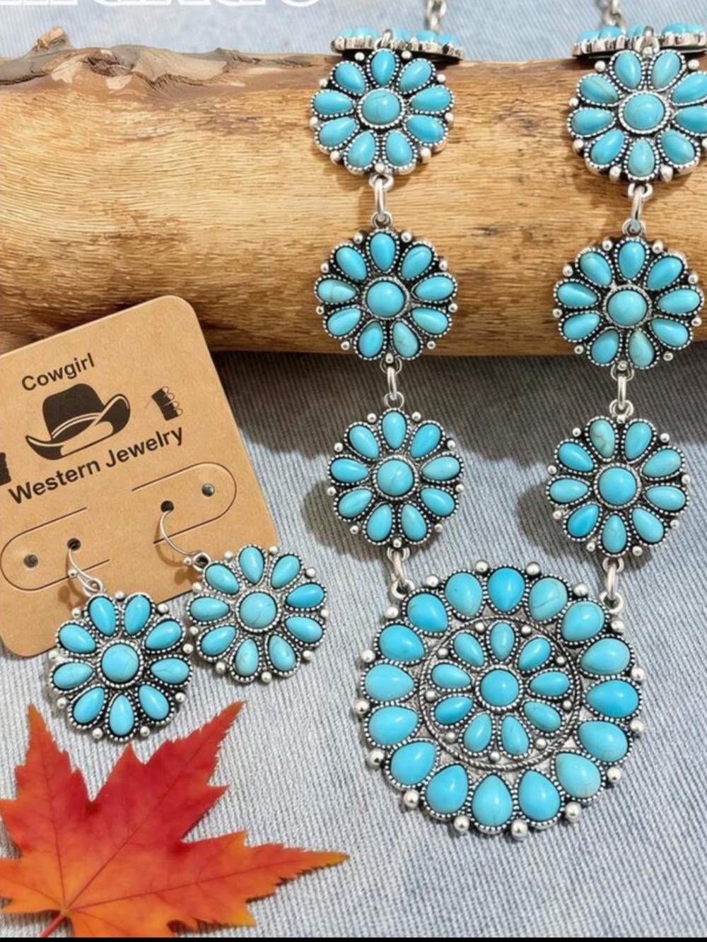 New Faux Turquoise Floral Squash Blossom Statement Necklace & Earring Set